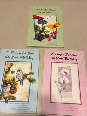 Set of 3 Floral & Bird Birthday Prayer Cards - 10 for 10.00 lot.